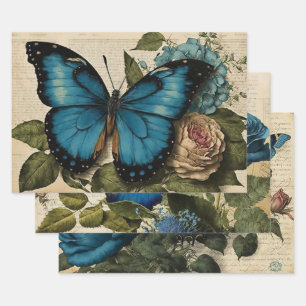 Vintage blaue Schmetterlinge und Rose Dekoupage Geschenkpapier Set