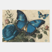Vintage blaue Schmetterlinge und Rose Dekoupage Geschenkpapier Set (Vorderseite)