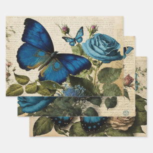Vintage blaue Schmetterlinge und Rose Dekoupage Geschenkpapier Set