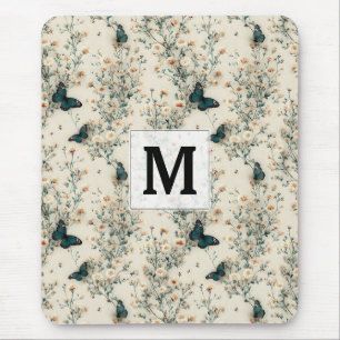 Vintage Blaue Schmetterlings-Blumen-Monogramm Mousepad