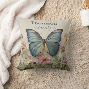 Vintage Blaue Schmetterlings-Blumengarten-Familie Kissen