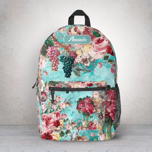Vintage Blaue Shabby Chic Rosen Vase Bedruckter Rucksack