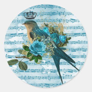 Vintage Blaue Singvögel auf Notenpapier Runder Aufkleber