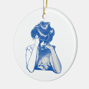 Vintage Blaue Skizze Frauenporträt Acryl-Schlüssel Keramik Ornament