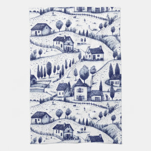 Vintage Blaue Toile - Bäume ländliche Architektur Geschirrtuch