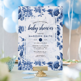 Vintage Blaue Toile-Blumen-Baby-Party Einladung