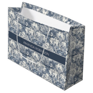 Vintage Blaue Toile Blumendamask Monogramm Geschen Große Geschenktüte