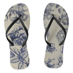 Vintage Blaue Toile-Botanik-Blumenmuster im Antiks Badesandalen