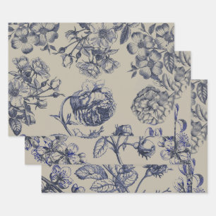 Vintage Blaue Toile-Botanik-Blumenmuster im Antiks Geschenkpapier Set