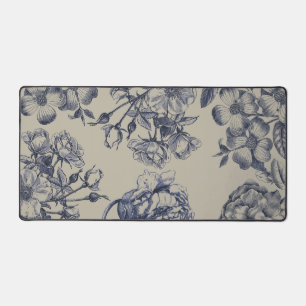 Vintage Blaue Toile-Botanik-Blumenmuster im Antiks Schreibtischunterlage