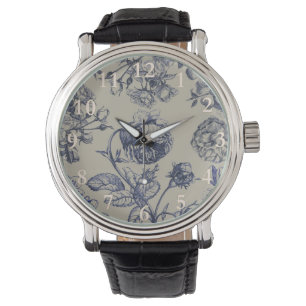 Vintage Blaue Toile-Botanische Antiquarische Muste Armbanduhr