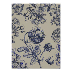 Vintage Blaue Toile-Botanische Florale Antiquität  Poster