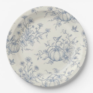 Vintage Blaue Toile-Kürbis Französisches Landhaus Pappteller