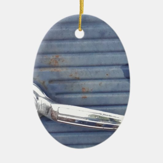 Vintage blaue Tür, Silbergriff Keramik Ornament (Vorne)