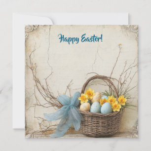 Vintage blaue und gelbe Ostereier und Narzissen Feiertagskarte