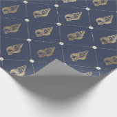 Vintage blaue und goldene Muscheln Geschenkpapier (Ecke)
