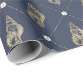 Vintage blaue und goldene Muscheln Geschenkpapier (Rolleneckpunkt)