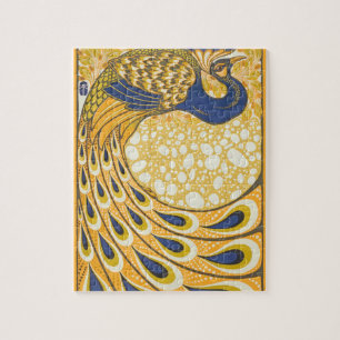Vintage Blaue und Goldene Pfauenfedern Art Nouveau Puzzle