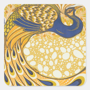Vintage Blaue und Goldene Pfauenfedern Art Nouveau Quadratischer Aufkleber