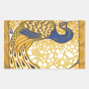 Vintage Blaue und Goldene Pfauenfedern Art Nouveau Rechteckiger Aufkleber