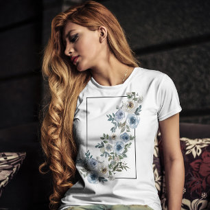 Vintage blaue und graue blühende Blumen Aquarell T-Shirt