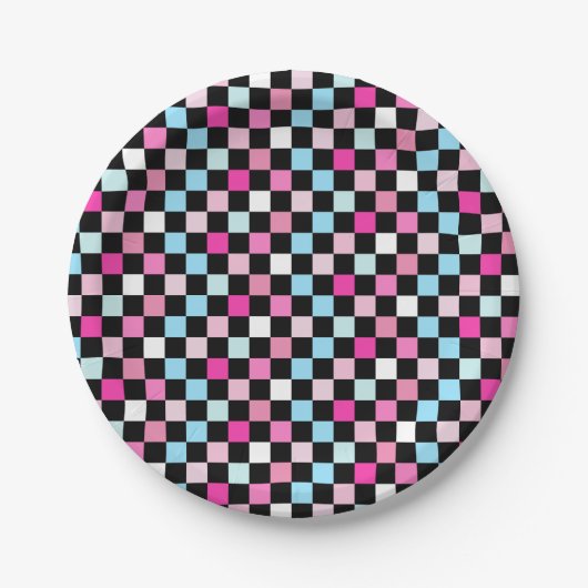 Vintage blaue und rosa karierte Papierplatten Pappteller (Vorderseite)