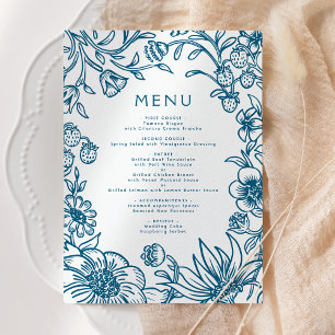 Vintage blaue und weiße botanische Rahmenhochzeit Menükarte
