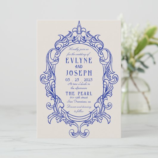 Vintage Blaue Viktorianische Barockzauberei Einladung (Stehend Vorderseite)