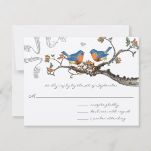 Vintage Blaue Vögel blühender Zweig Hochzeit RSVP Karte