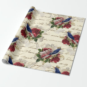 Vintage Blaue Vögel mit Kronen und Rose Geschenkpapier