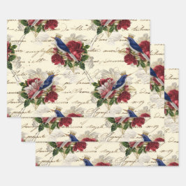 Vintage Blaue Vögel mit Kronen und Rose Geschenkpapier Set