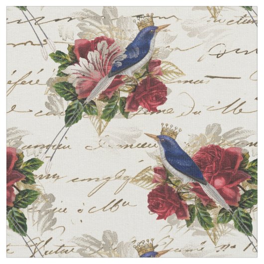 Vintage Blaue Vögel mit Kronen und Rose Stoff (Nahaufnahme)