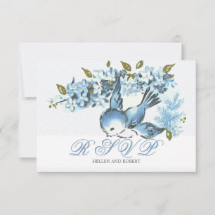 Vintage Blaue Vögel Winterhochzeit RSVP Karte