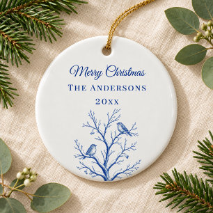 Vintage Blaue Weihnachts-Toile-Baum-Vögel Winter Keramik Ornament