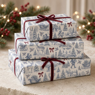 Vintage Blaue Weihnachts-Toile-Bordeaux-Schleife Geschenkpapier