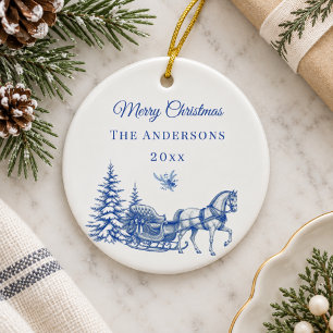 Vintage Blaue Weihnachts-Toile-Schlitten mit Pferd Keramik Ornament
