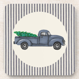 Vintage Blaue Weihnachtsbaum-LKW-Korkuntersetzer Getränkeuntersetzer