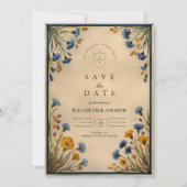 Vintage Blaue Wildblumen-Hochzeit Save The Date (Vorderseite)