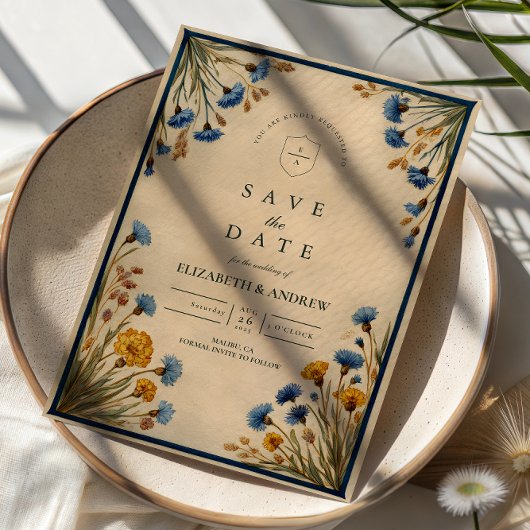 Vintage Blaue Wildblumen-Hochzeit Save The Date