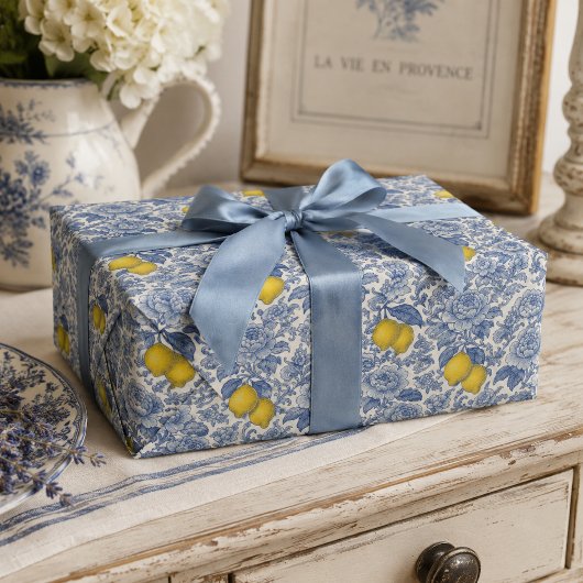 Vintage Blaue Zitronen-Botanik-Muster Geschenkpapier