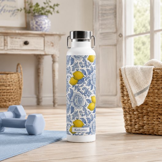 Vintage Blaue Zitronen-Botanik-Mustername Trinkflasche