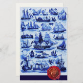 VINTAGE BLAUENSCHIFFE, SEGELSCHIFFE, Rotes Siegel Briefpapier (Vorne/Hinten)