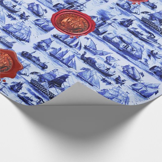 VINTAGE BLAUENSCHIFFE, SEGELSCHIFFE, Rotes Siegel Geschenkpapier (Ecke)