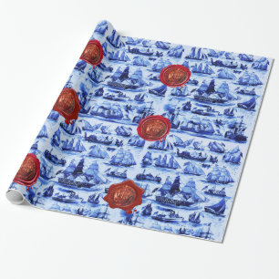 VINTAGE BLAUENSCHIFFE, SEGELSCHIFFE, Rotes Siegel Geschenkpapier