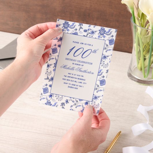 Vintage Blauer Blütenblätterpilz 100. Geburtstag Pergament Einladungen (Handgehalten)