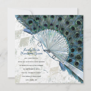 Vintage Blauer Pfauenfan Hochzeitsfeier Einladung