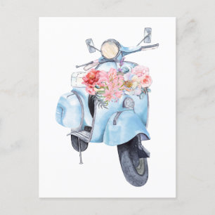 Vintage blauer Roller mit Blumen Postkarte