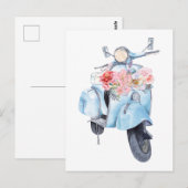 Vintage blauer Roller mit Blumen Postkarte (Vorne/Hinten)