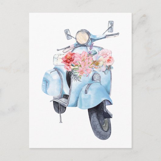 Vintage blauer Roller mit Blumen Postkarte (Vorderseite)
