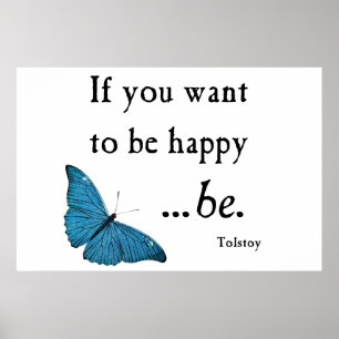 Vintage Blauer Schmetterling und Tolstoi Glück Zit Poster